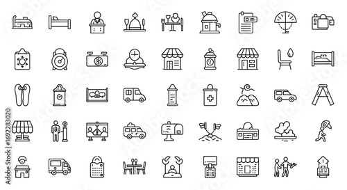 Vector Icons Set of Travel and Camping Outline Icons Set for Tourism and Vacation. EPS Editable