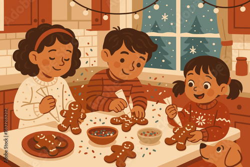 Children decorating gingerbread cookies in a cozy kitchen during winter festivities with holiday decorations