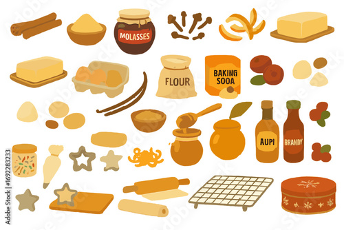 Baking essentials displayed with ingredients and tools for preparing festive treats in a cozy kitchen setting