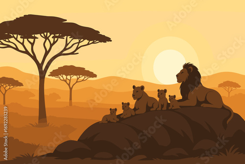 Majestic lion family basking in the warm glow of sunset on the African savanna