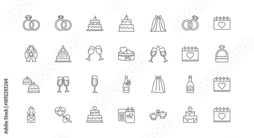 Vector Icons Set of Wedding and marriage celebration minimalist line icon set. EPS Editable