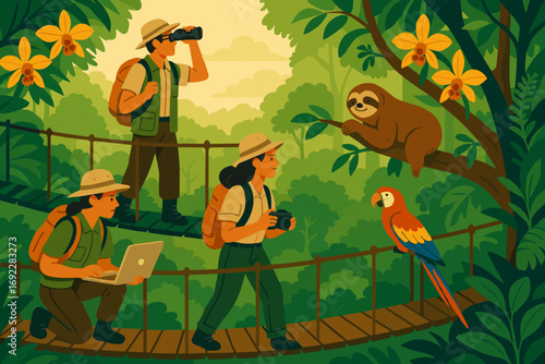 Exploring a tropical rainforest with wildlife, hikers, and vibrant flora during a sunny day