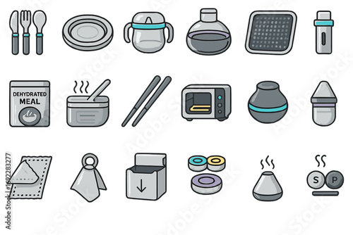 Kitchen tools and ingredients displayed on a clean surface for meal preparation and cooking activities