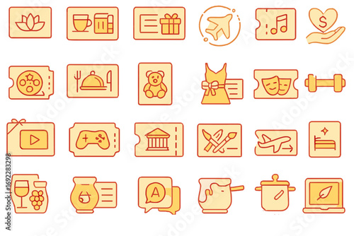 Collection of colorful icons representing leisure activities, gifts, and entertainment in a creative layout
