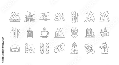 Vector Icons Set of Winter Sports and Ski Resort Hand Drawn Line Icon Set. EPS Editable