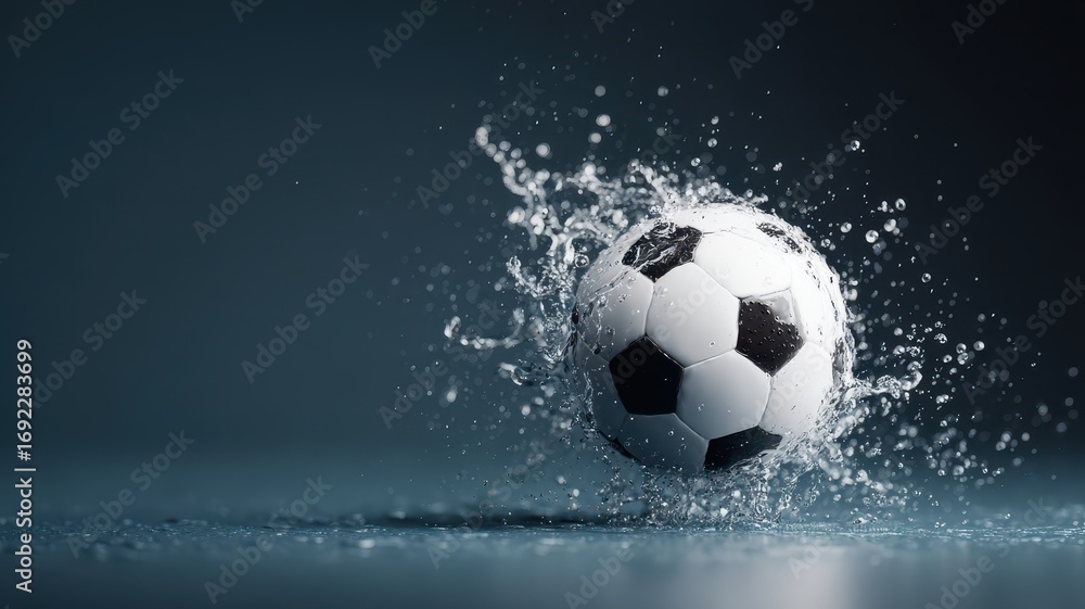 Naklejka premium Football kick intensity concept. Dynamic soccer ball splashing water in a striking visual display.