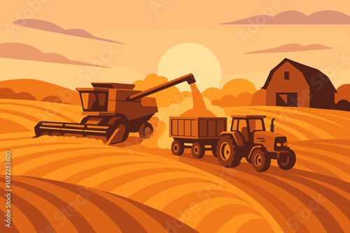 Illustration of a farm at sunset with a combine harvester and tractor working on the fields, showcasing agriculture and farming in warm orange tones