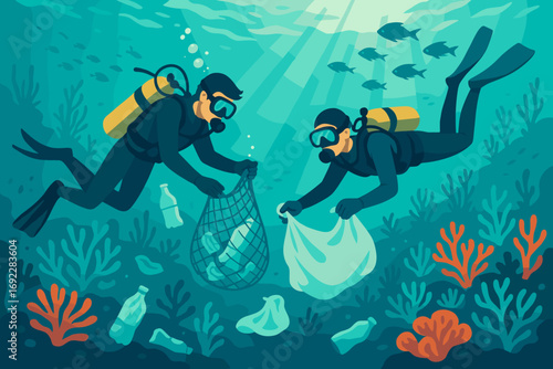 Illustration of scuba divers cleaning ocean plastic underwater, collecting bottles and bags among coral reefs, promoting marine conservation and environmental awareness