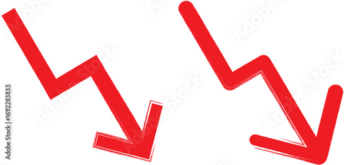 Red zigzag arrows pointing down-right on transparent background, stylized decline symbols representing loss, decrease, or downward trend, bold vector brush icon for finance, infographic, or design