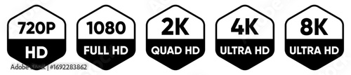 Black and White HD Resolution Icons 720P 1080P 2K 4K 8K Labels