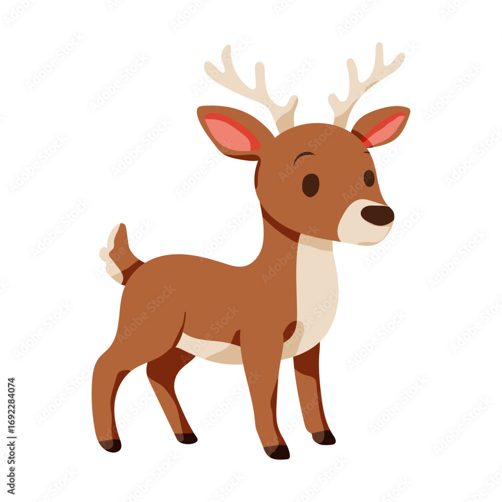 Fototapeta premium A cartoon deer with antlers stands on a white background. The deer has a happy expression on its face