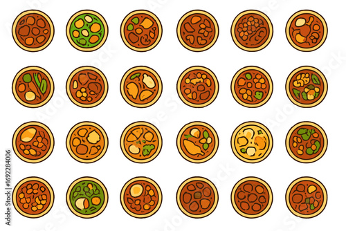 Illustration of various curry bowls with different ingredients like vegetables, chicken, and chickpeas