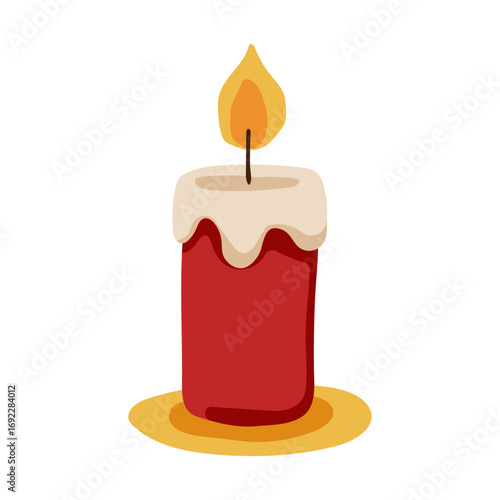 A red candle with a yellow wax is lit on a yellow plate