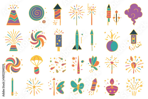 Colorful Diwali Firecracker Icons Set Featuring Rockets, Sparklers, Smoke Bombs, and Traditional Festival Symbols on Golden Background
