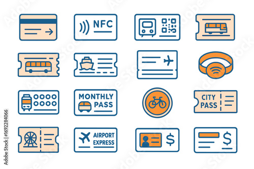 Illustration of transportation and ticketing icons including bus, train, ferry, airport express, city pass, and digital payment