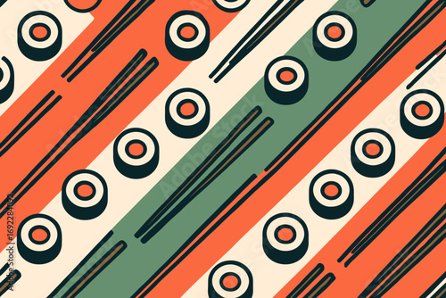 Seamless sushi pattern with rolls and chopsticks in bold colors, abstract geometric design with red, green, and beige