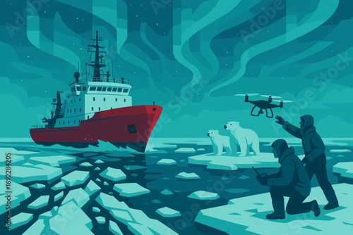 Polar expedition featuring icebreaker ship, polar bears, and drone exploration in the Arctic at night