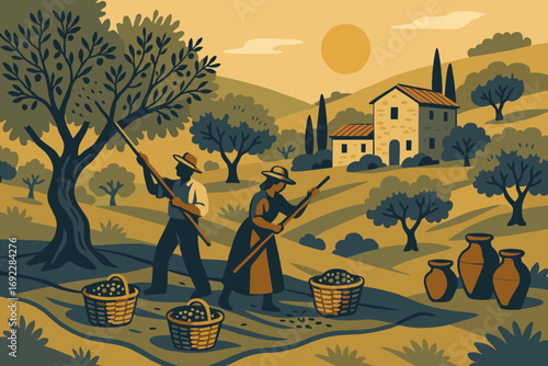 Farmers Harvesting Olives in Mediterranean Countryside with Olive Trees and Rustic Stone House Illustration