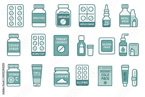 Medical and pharmaceutical product icons including pills, syrups, sprays, and cold remedies on teal background