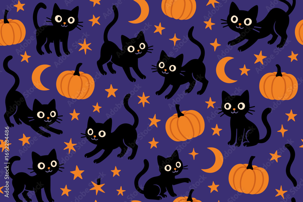 Fototapeta premium Seamless Halloween pattern with cute black cats, pumpkins, stars, and crescent moons on purple background