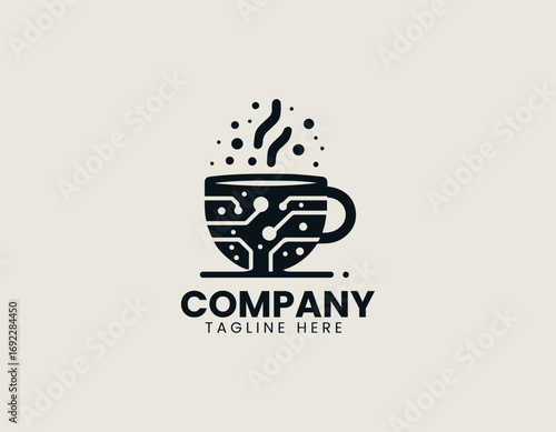 Coffee cup with digital elements illustrated as modern tech vector logo in minimal creative design style