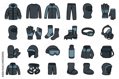 Winter Outdoor Clothing and Gear Icons Set Featuring Jackets, Gloves, Boots, Helmets, and Cold Weather Accessories