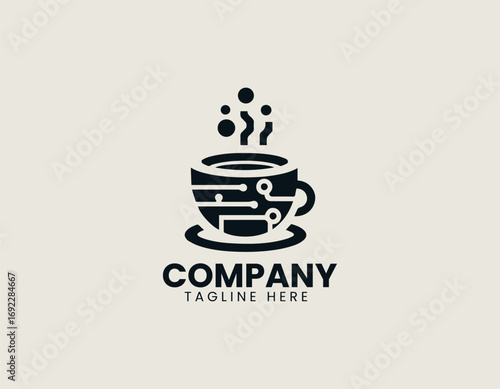 Coffee cup with digital elements illustrated as modern tech vector logo in minimal creative design style