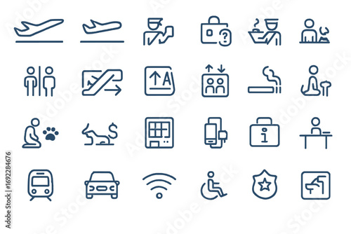Set of airport and travel facility icons in minimalist line style on a dark metallic gradient background