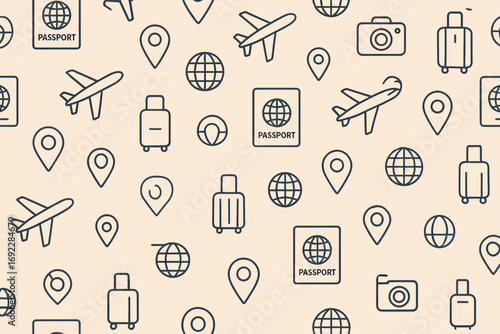 Seamless travel-themed pattern with line icons of airplanes, passports, luggage, globes, and location pins on beige background
