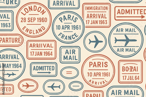 Seamless Retro Passport Stamps Pattern with Vintage Airmail and Immigration Marks in Blue and Red