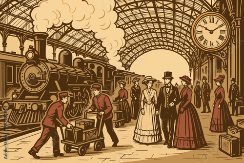 Vintage Train Station Scene with Steam Locomotive, Victorian-Era Travelers, and Porters in Historical Illustration Style