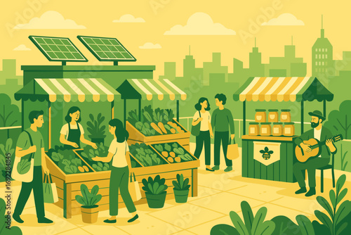Eco-Friendly Farmers Market with Fresh Produce Stalls, Honey Vendor, Solar Panels, and Live Music in Urban Rooftop Setting