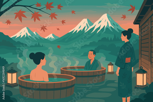 Tranquil Japanese onsen with mountain views and autumn leaves at sunset