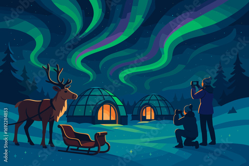 People capturing the beauty of aurora borealis over icy landscape with reindeer nearby at night