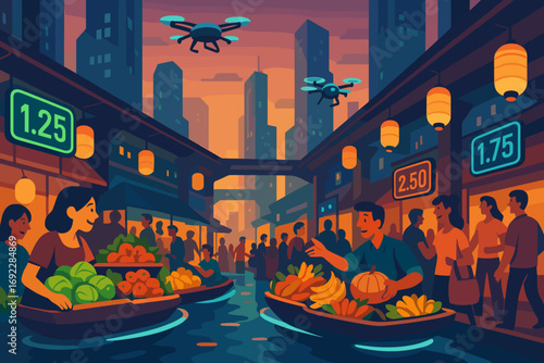 Futuristic floating market with drones and digital price signs in a vibrant cityscape at sunset