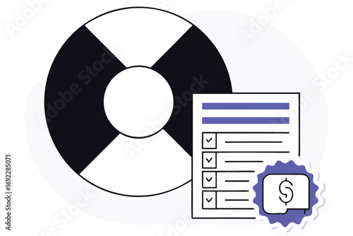 Illustration of a lifebuoy and checklist with a dollar sign icon, symbolizing financial safety