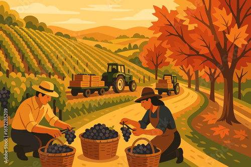 Vineyard workers harvest grapes during autumn in a picturesque landscape with tractors under a golden sunset