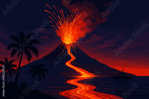 Dramatic volcanic eruption at night with flowing lava, palm trees, and a boat in the ocean