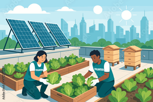 Volunteers gardening on urban rooftop farm with solar panels and beehives under sunny city skyline