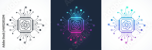 GPT icon, sign, logo in the circuit line style. AI chat bot processor vector icon design. GPT motherboard digital chip for poster, banner, header, website, landing page presentation template.