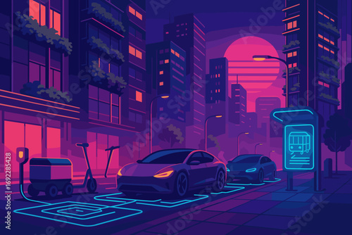Futuristic neon-lit smart city street with electric cars, e-scooters, and autonomous delivery robot at night