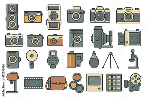 Vintage photography and camera equipment icons in retro flat design style