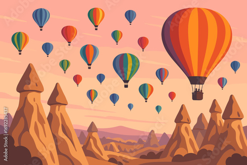 Colorful hot air balloons flying over Cappadocia fairy chimneys during sunrise in a whimsical cartoon landscape
