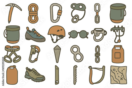 Hand-drawn rock climbing and mountaineering gear icon set with ropes, carabiners, helmets, and tools
