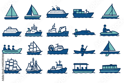 Hand-drawn nautical icon set featuring sailboats, cruise ships, cargo ships, submarines, canoes, and watercraft on dark blue background