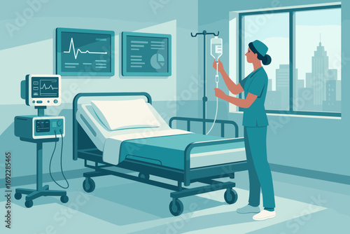 Nurse preparing IV drip beside hospital bed in modern medical room with monitors and city view in flat vector illustration style