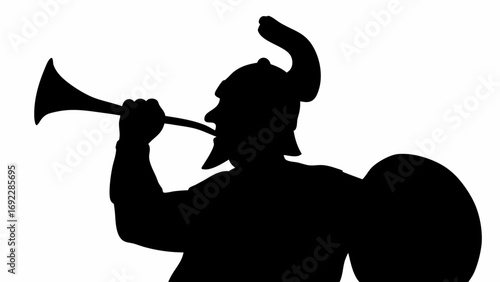 Silhouette of viking blowing horn with horned helmet and shield in a black and white illustration