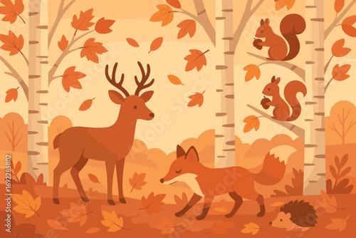 Autumn forest animals illustration with deer, fox, squirrels, hedgehog, and falling leaves in a warm fall landscape