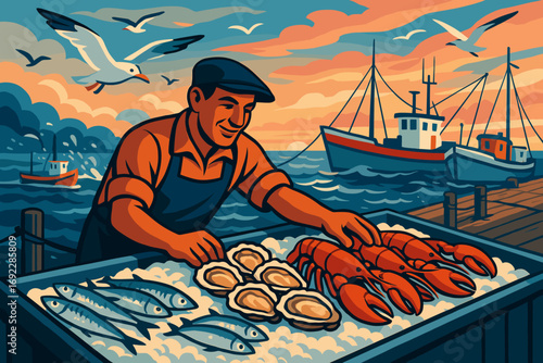 Fisherman preparing seafood at a dock with boats in the background at sunset
