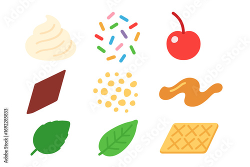 Colorful dessert topping and garnish icon set featuring whipped cream, sprinkles, cherry, syrup, mint leaves, and candy on dark background